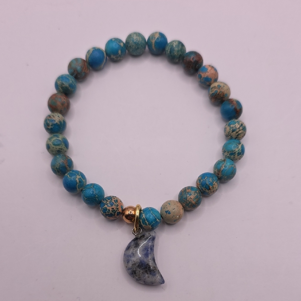 Aqua Imperial Stone Beaded Stretch Bracelet with Cresent Moon Sodalite Charm